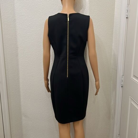 Calvin Klein Black Gold Zipper Sleeveless Sheath Midi Dress Scoop Neck Slimming - Picture 6 of 11